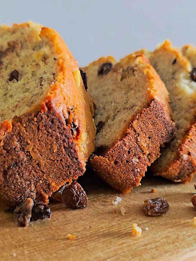 Close-up of a slice of moist and delicious banana bread, perfect for breakfast or snack.